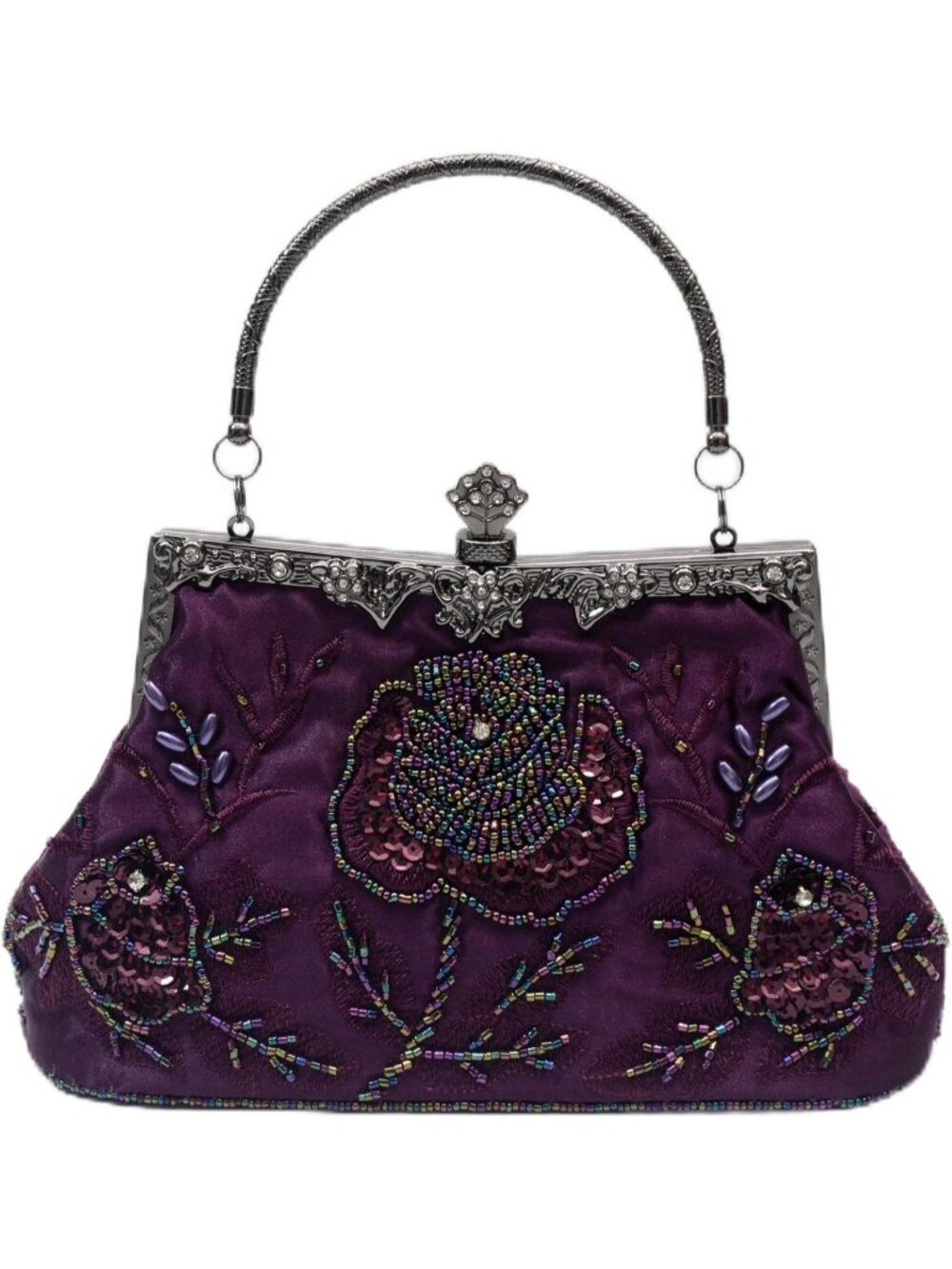 Womens Purple Beaded Rose Sequin Kiss Lock Frame Top Handle Evening Bag Clutch